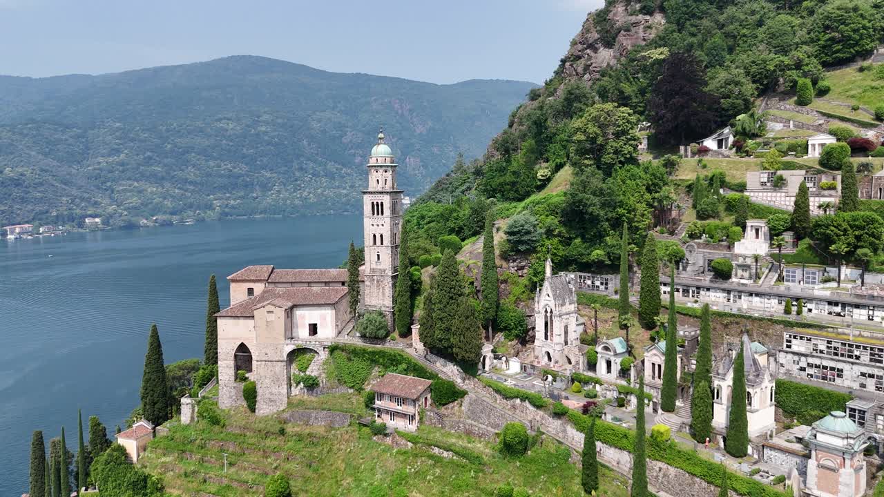 Church of Saint Maria Del Sasso Morcote Switzerland aerial reverse reveal