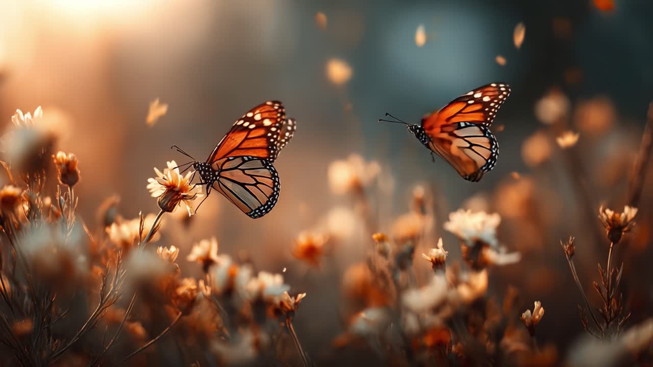 Un Momento Sereno nella Natura: Due Farfalle Monarca Volteggiano Graziosamente Tra i Fiori Selvatici in un Paesaggio Dolcemente Illuminato.