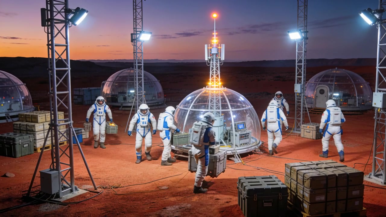 Torri di illuminazione che si attivano, membri dell'equipaggio in tuta che trasportano casse e assemblano la cupola centrale al crepuscolo.