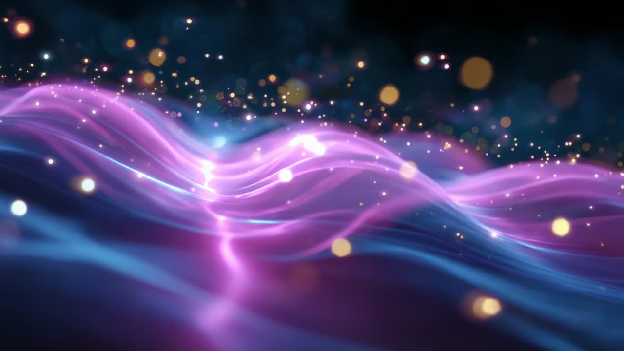 A mesmerizing display of ethereal waves of light, blending shades of pink and blue, enhanced by glimmering particles that dance and sparkle, creating an enchanting visual experience full of movement and rhythm