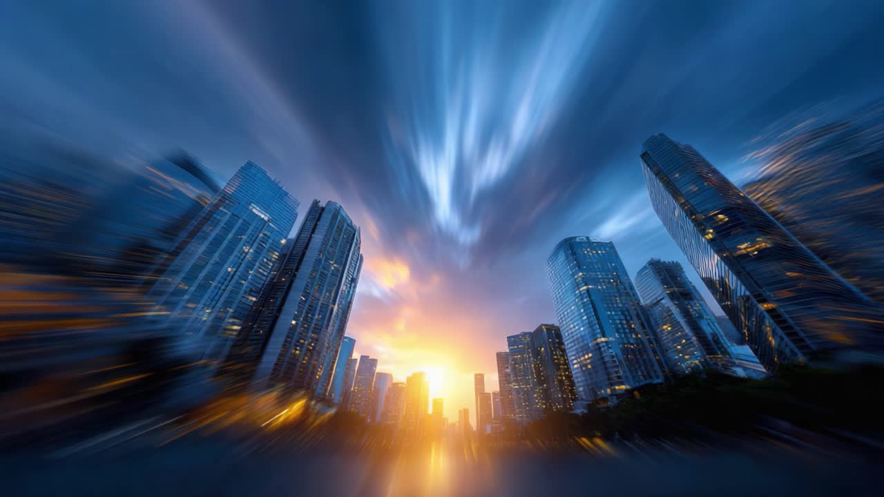 Paesaggio urbano dinamico che fonde la luce del giorno e il crepuscolo, catturato in due fotogrammi di uno skyline cittadino vivace illuminato dal tramonto e dalle luci della città