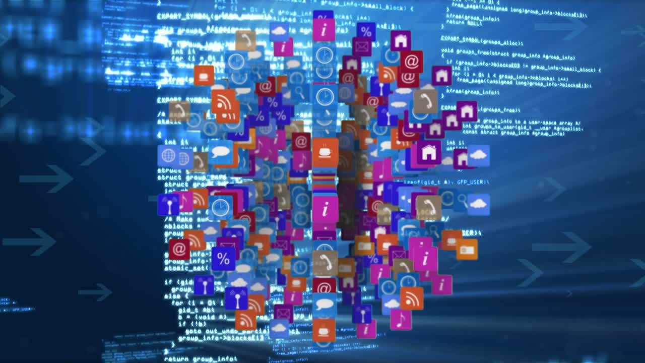 Animation of media icons and data processing over blue background