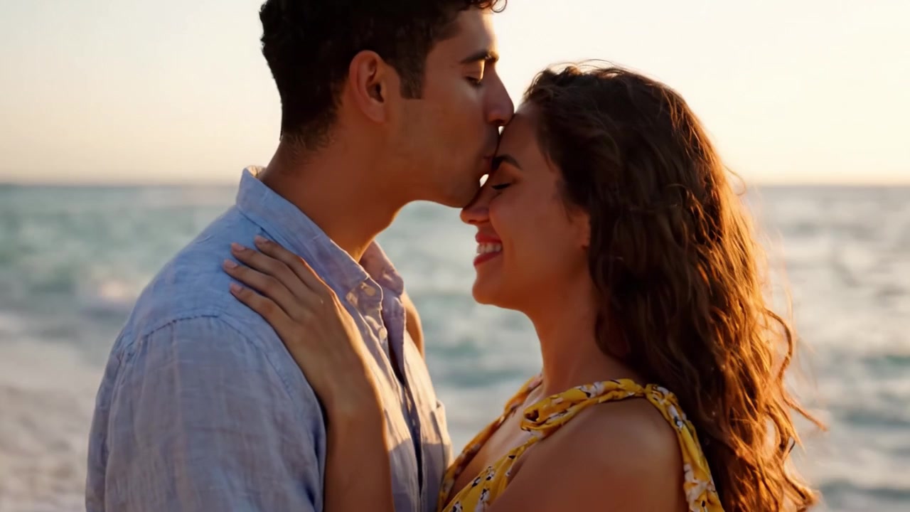 Capturing a Romantic Sunset Embrace: A Couple Enjoys a Warm Beach Evening Together as the Sun Sets on the Horizon, Highlighting Their Affection and Connection.