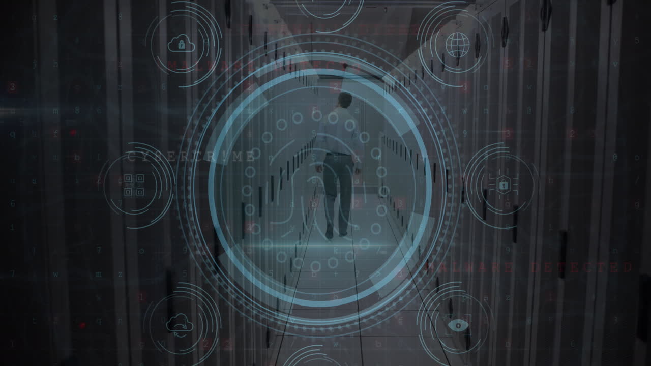 Animation of data protection text, fingerprint, icons over rear view of man walking in server room