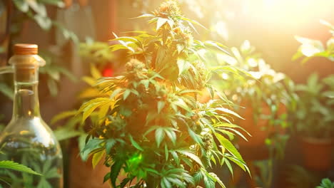 a marijuana plant is growing in a pot, surrounded by a bottle and a vase. the plant is tall and green, with leaves reaching towards the ceiling. the bottle and vase are placed on a table