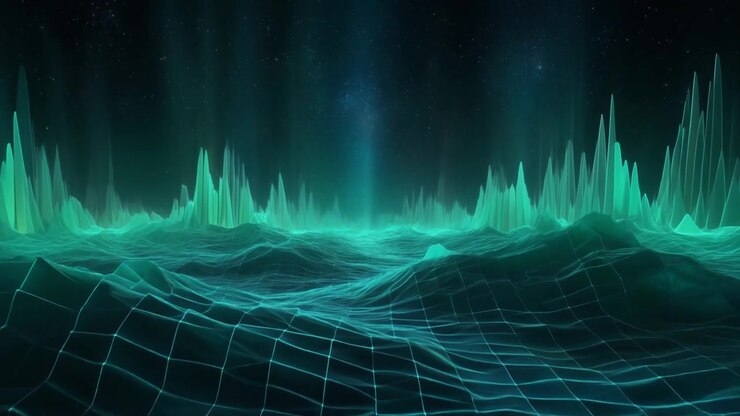 Abstract Digital Landscape with Glowing Green Wireframe Terrain