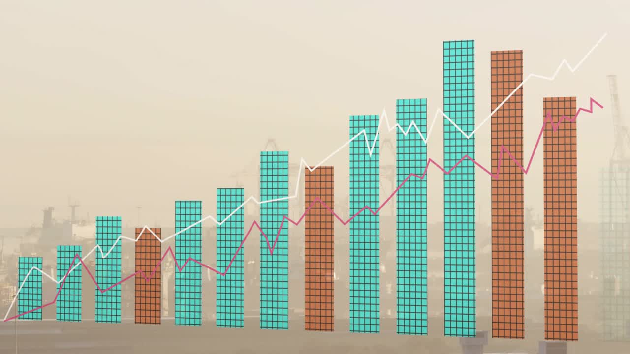 Data feed arriving, bar chart animating across, teal bars growing, brown highlights tracing trend