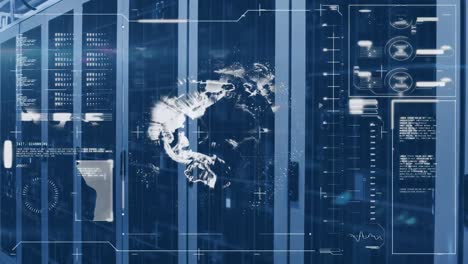 animation of data processing with globe over server room