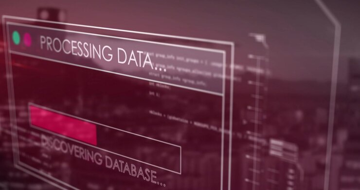 Ved indlæsning fylder et matteret HUD-panel en statuslinje, opdaterer status og afkoder data for at afsløre en skyline