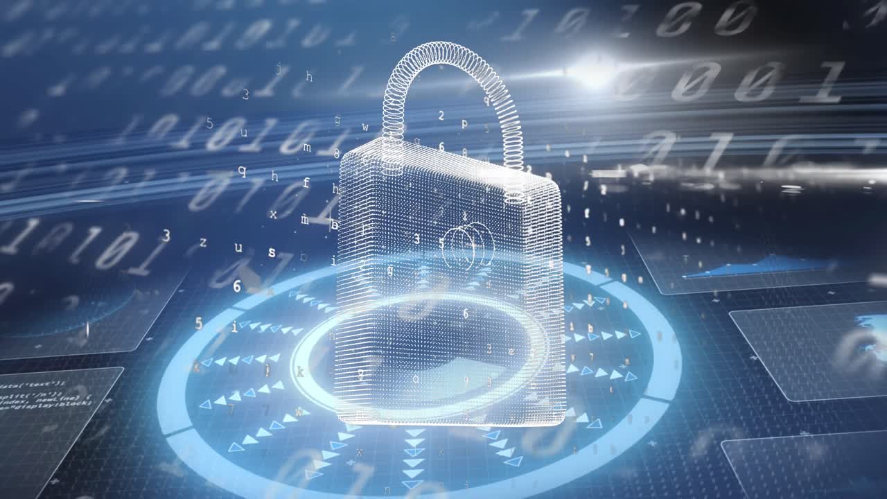 Animation of online security padlock, scope scanning and data processing