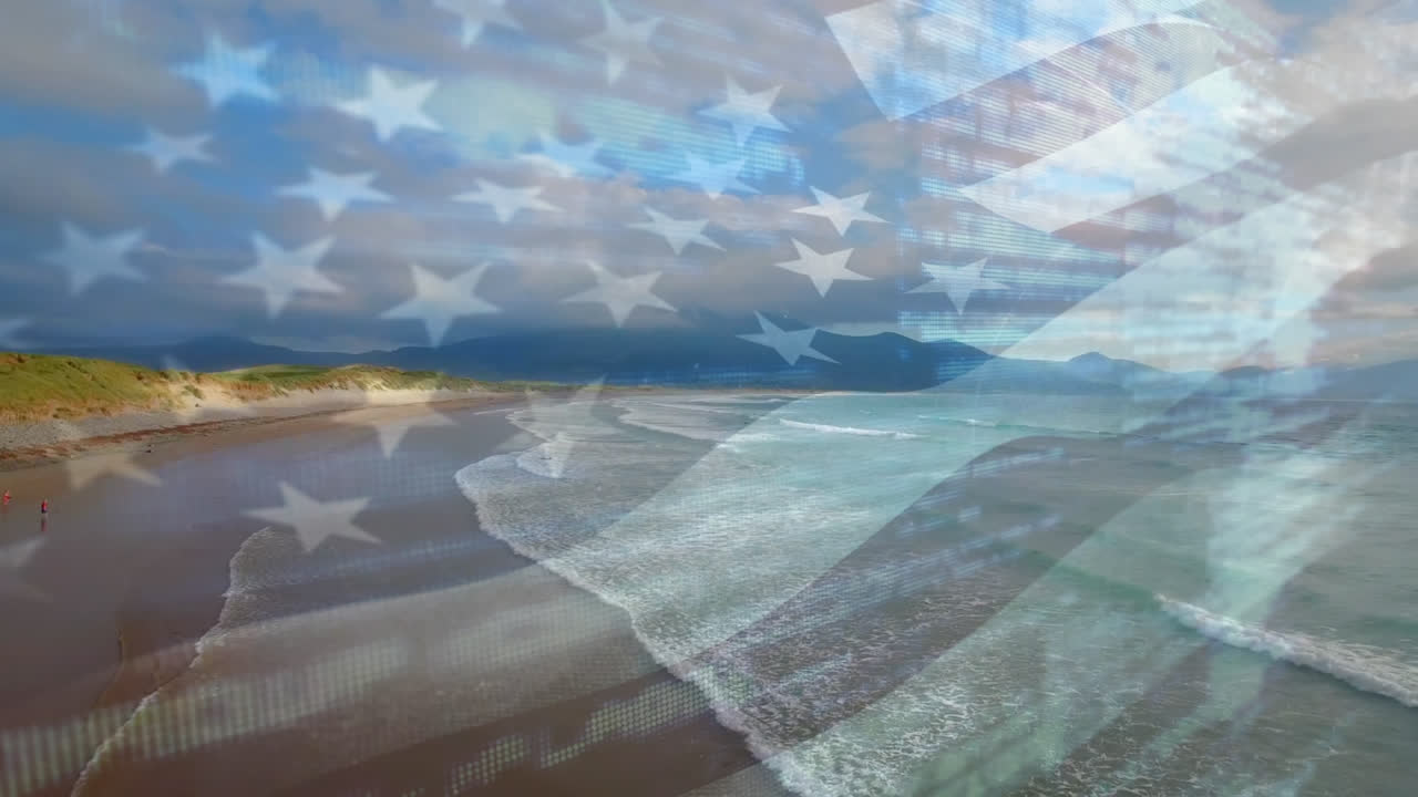 animación de la bandera de los estados unidos ondeando sobre el paisaje marino