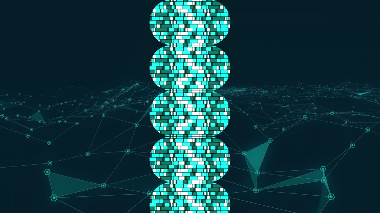 Animation of circles with green and white squares over black background