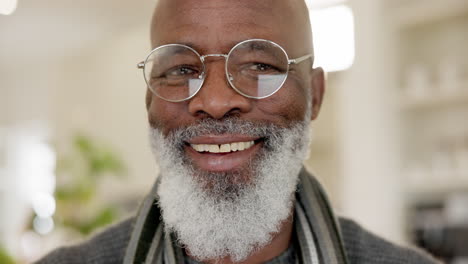 senior, black man and face with smile in home