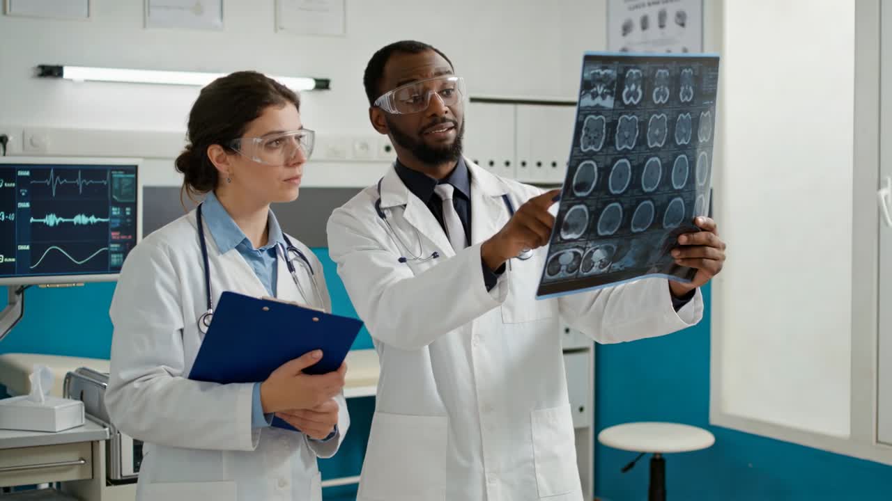 Due medici, in camice e occhiali protettivi, esaminano le immagini di una scansione cerebrale in una clinica, con una cartella clinica.