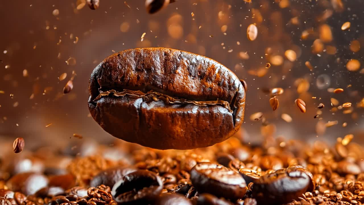 A coffee bean is shown in the air with some coffee grounds on the ground. Concept of motion and energy, as if the coffee bean is about to take flight