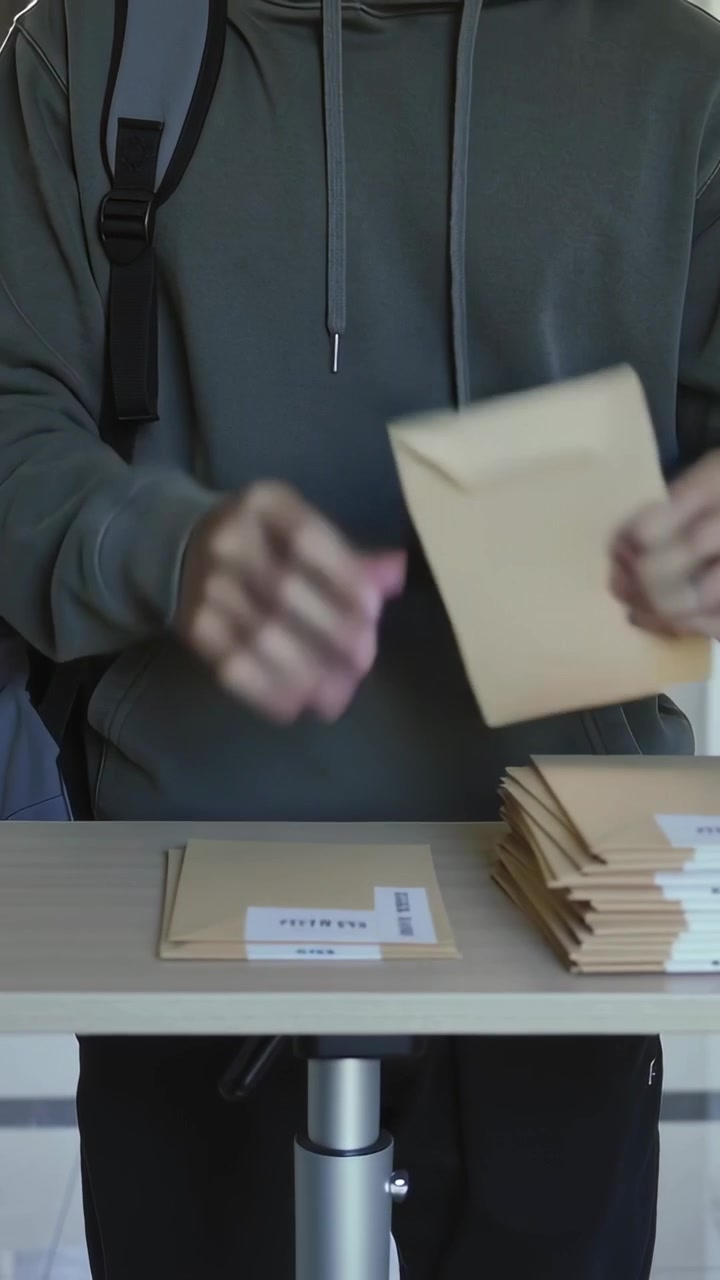 Vertical video: Taking from right stack hooded man sorting envelopes at table, placing mail labels