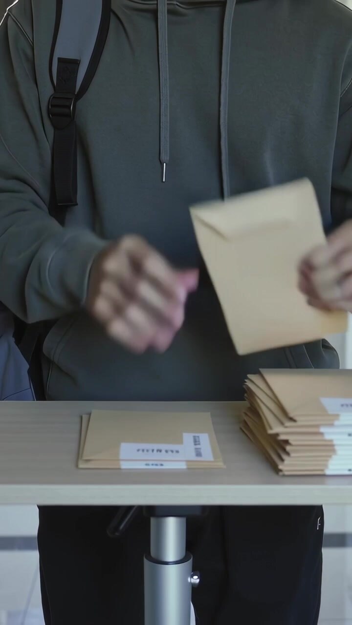 Vertical video: Taking from right stack hooded man sorting envelopes at table, placing mail labels
