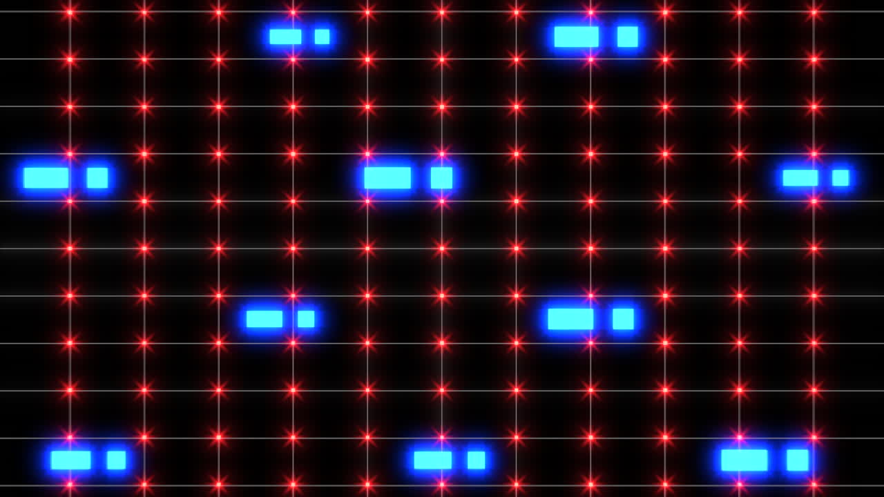검은 바탕에 밝은 파란색과 빨간색 사각형의 활기찬 격자