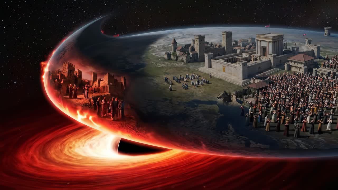Mondo diviso concettuale che raffigura Paradiso e Inferno con un vortice infuocato