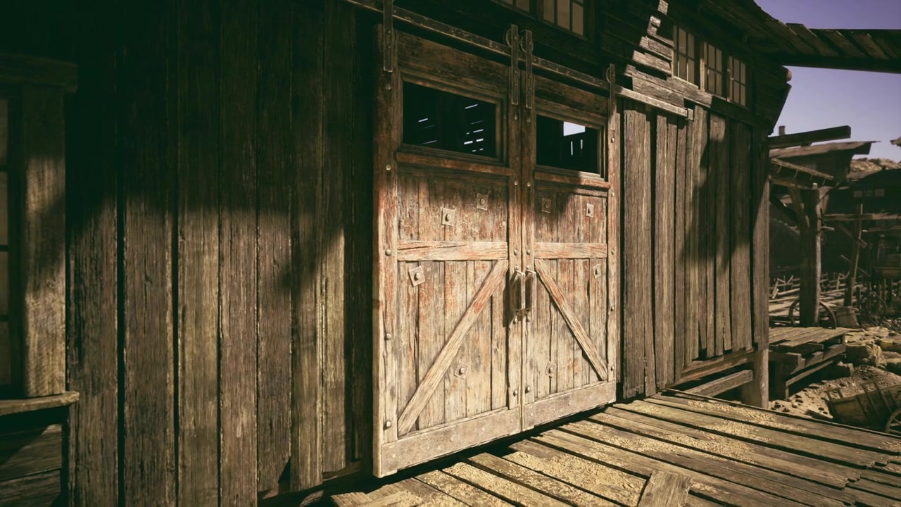 Ingressi di fienili invecchiati caratterizzati da ombre drammatiche e superfici in legno grezzo.