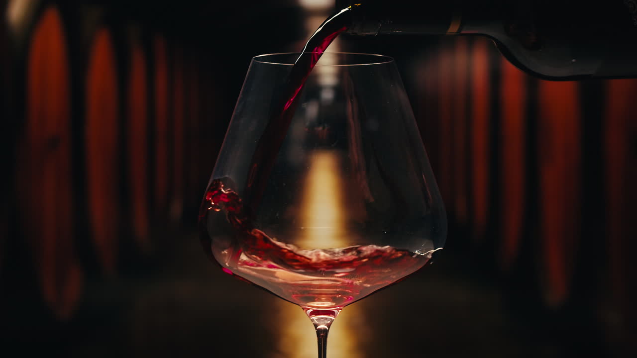 Orange or red wine bottle and glass against a sunset in a peaceful vineyard, pouring of ecological natural wine.