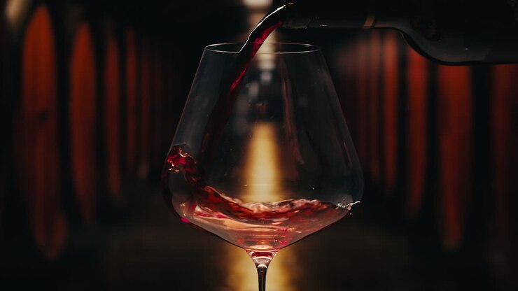 Orange or red wine bottle and glass against a sunset in a peaceful vineyard, pouring of ecological natural wine.
