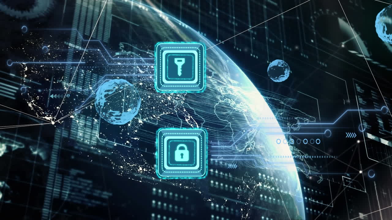 Animation of online security padlock icons and data processing on screen