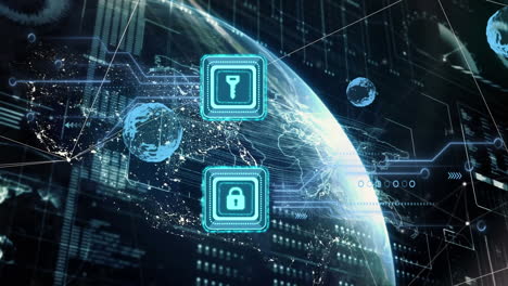 animación de los iconos de bloqueo de seguridad en línea y procesamiento de datos en pantalla
