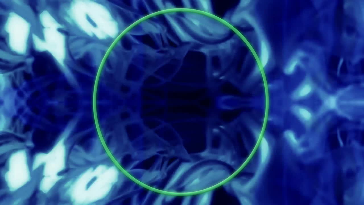 Green circle animation swirling over abstract blue patterns