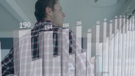 Animation-of-changing-numbers-on-bar-graphs-over-thoughtful-caucasian-man-looking-through-window