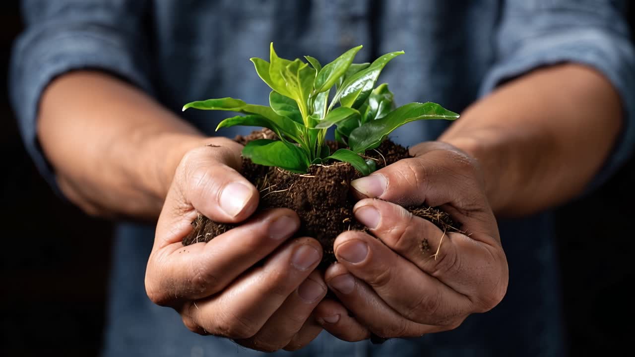 Caring hands cradle young green plant. Soil rich and moist beneath tender palms. Fresh sprout signals growth, hope, and renewal. Human touch invites nature's resilience