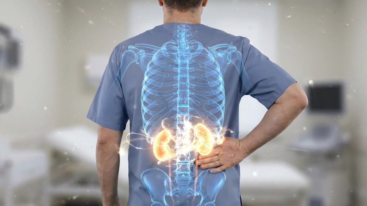 Rear view man holding lower back with glowing spine and kidneys highlighted
