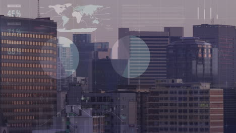 animation of financial data processing over cityscape