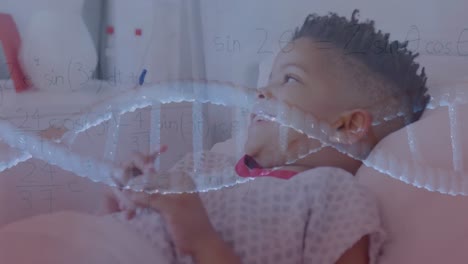 Animation-Eines-DNA-Strangs-über-Einem-Biracial-Jungen-Patienten