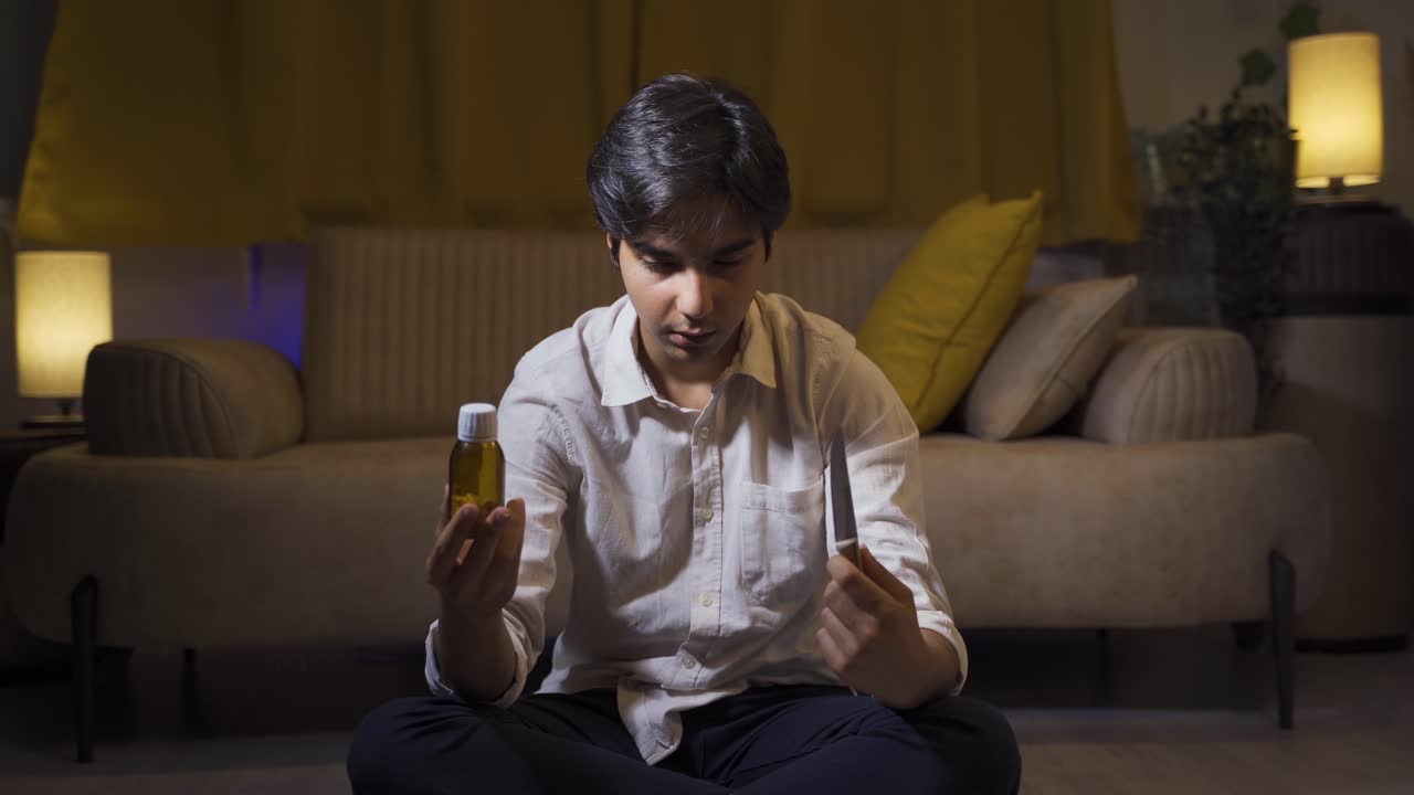 un hombre con problemas mirando un cuchillo y pastillas frente a él.