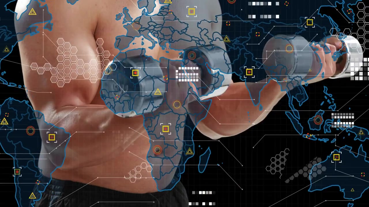 Hombre haciendo curl con mancuernas, con un mapa HUD e iconos hexagonales alineándose sobre el torso para el seguimiento de la actividad física.