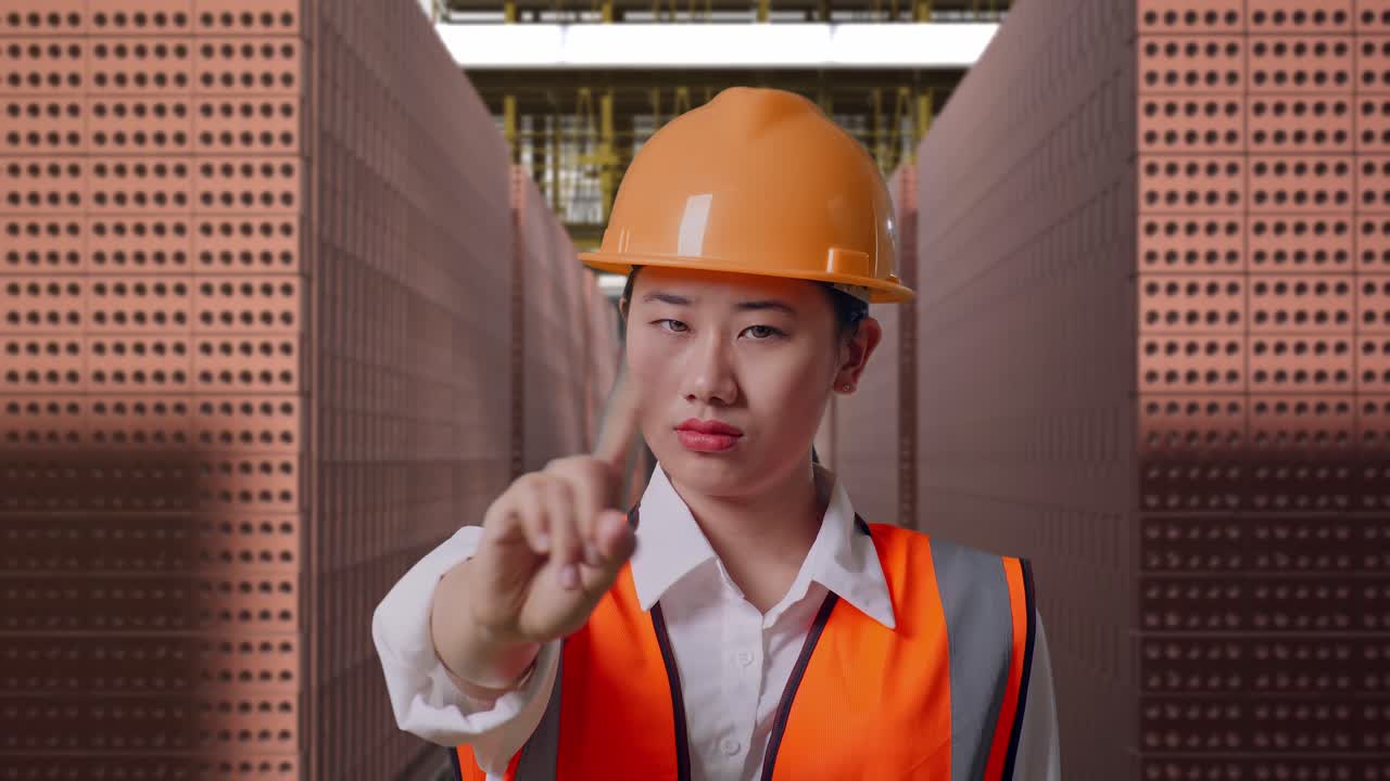Close Up Of Asian Female Engineer With Safety Helmet Disapproving With No Index Finger Sign While Standing With Red Brick Packed in Stacks Are Stored