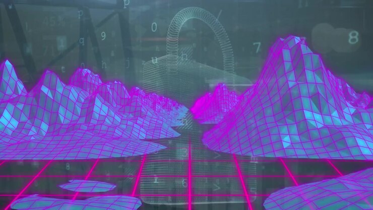 Animation of metaverse landscape and digital padlock in dark space