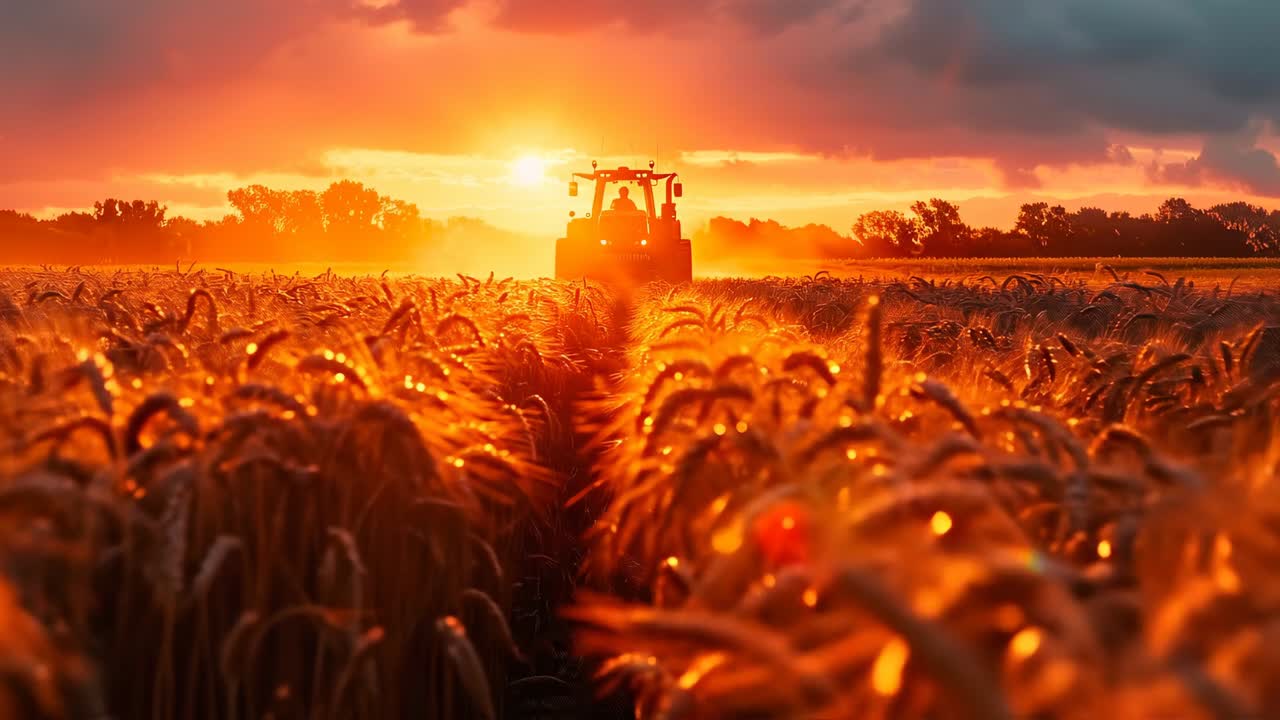 Traktor pertanian bekerja saat matahari terbenam. Traktor bergerak melintasi ladang gandum saat matahari terbenam di balik pepohonan, menciptakan cahaya keemasan di seluruh lanskap.