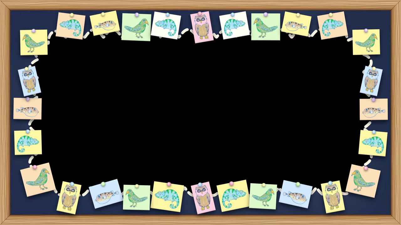 Chalk navy chalkboard frame decorated with waving pinned animal notes around a central cutout.