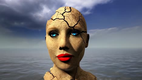 fragmented female bust with vivid red lips and piercing blue eyes emerging from tranquil waters, symbolizing emotional transformation and inner vulnerability