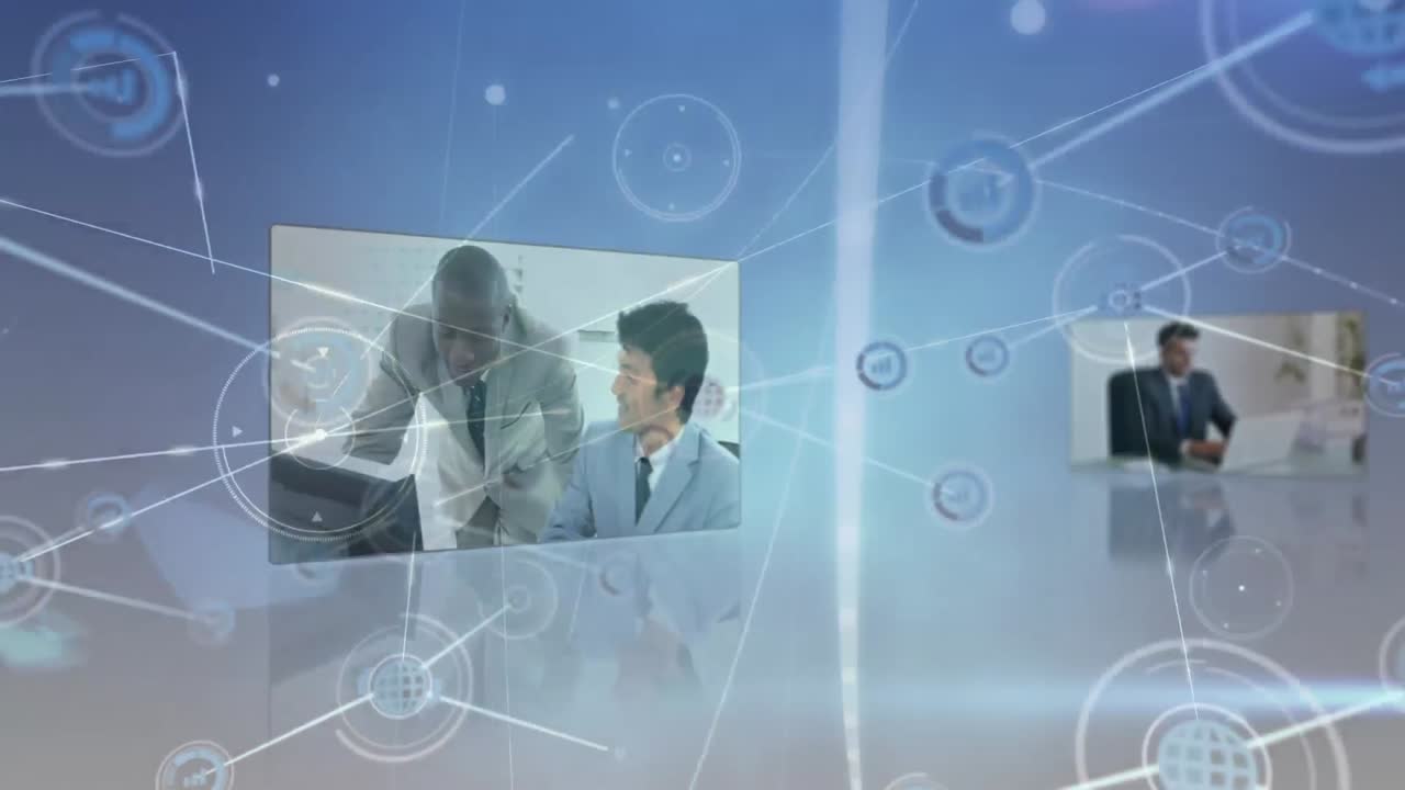 비즈니스 데이터 처리와 함께 화면에 대한 디지털 아이콘 및 빛의 점 네트워크의 애니메이션