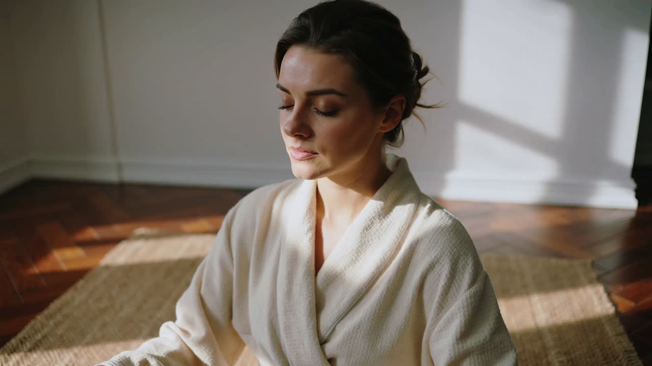 Donna seduta in accappatoio color crema che respira meditando su un tappeto intrecciato vicino alla finestra, con la luce del sole che le illumina il viso