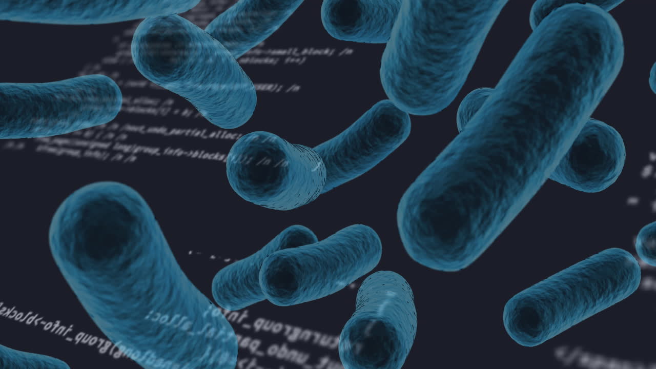 animación de procesamiento de datos y células de bacterias en fondo negro