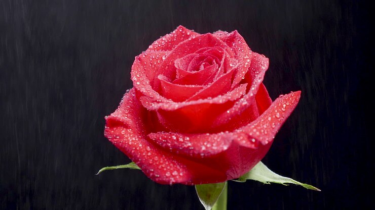 красная роза с каплями воды