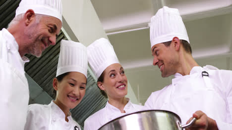 chef showing colleagues contents of large pot low angle view