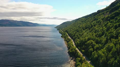 aerial view along loch ness, scottish highlands, scotland