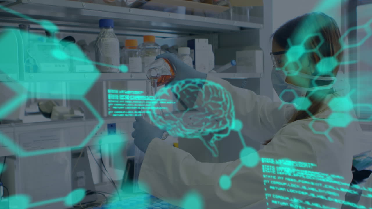 Animation of medical data processing against caucasian female scientist working at laboratory