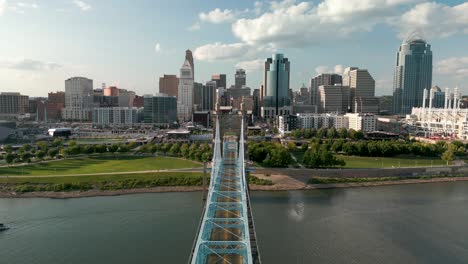 Aerial-of-Suspension-Bridge-and-Downtown-Cincinnati,-Ohio