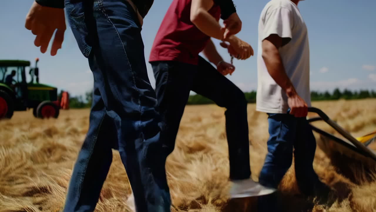 Couple and Workers Harvesting Wheat in a Field
